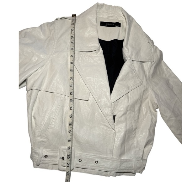 Zara White Faux Leather Moto Jacket Belted Oversized Lapel Medium - Picture 6 of 10